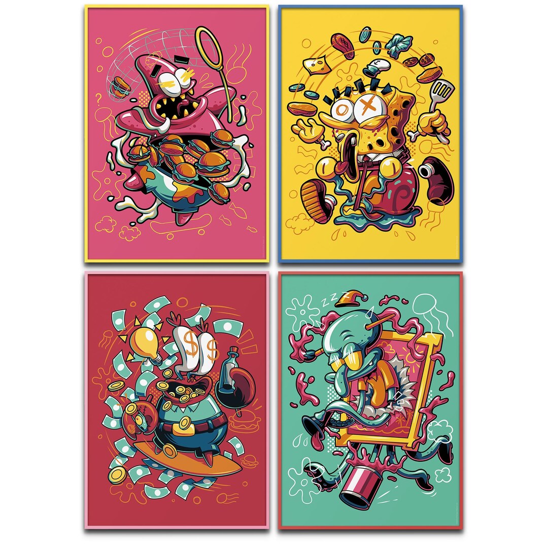 Spongebob Abstract Spongebob Poster Set 4x A4 – Abstract Style – Spongebob, Patrick ...