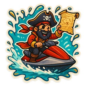 Pirat Sticker auf Jetski mit Schatzkarte Lustiger Comic Aufkleber für Meerfans Schatzsucher und Freibeuterinnen mit Stil