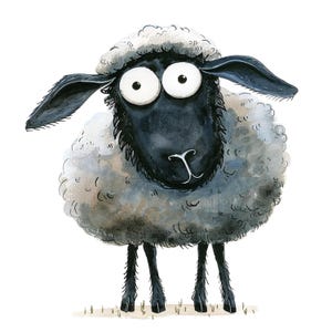 Pode incluir: Ilustração em aquarela de uma ovelha caprichosa com rosto e pernas pretas e um corpo cinza fofo. A ovelha tem olhos grandes e arregalados e orelhas longas e pretas. A obra de arte está em um fundo branco.