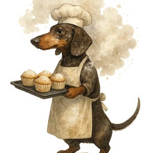 Könnte beinhalten: Aquarellillustration eines Dackelhundes, der als Bäcker gekleidet ist und eine Kochmütze und Schürze trägt. Der Hund hält ein Tablett mit vier Muffins. Das Bild hat einen weichen, künstlerischen Stil mit einer neutralen Farbpalette.