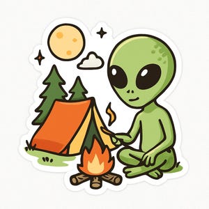 Alien Camping Sticker – Funny Car Sticker – Weatherproof, Extraterrestrial – Gift for Sci-Fi Fans, Campers, and Nerds