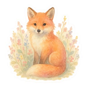 Adesivo volpe acquerello – disegno prato fiorito – adesivo per laptop, bullet journal, motivo natura, adesivo animale carino
