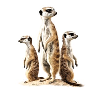 May include: Three meerkats stand on a small mound of sand against a white background. The meerkats have tan and brown fur with dark markings around their eyes. One meerkat stands upright, while the other two are in a semi-upright position, all looking to the right.