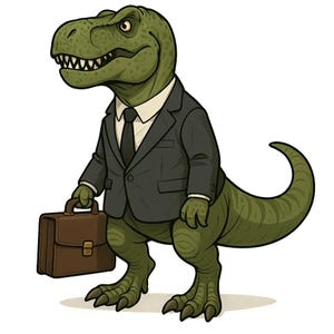 Peut inclure: Illustration de dessin animé d'un Tyrannosaurus Rex vert portant un costume noir, une chemise blanche et une cravate noire. Le dinosaure tient une mallette marron et a une expression fâchée. Le fond est blanc.