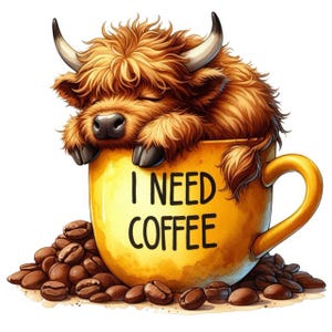 Highland Cow & Coffee Sticker – Cute Highland Cow as a wall sticker and car sticker
