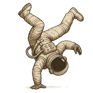 Puede incluir: Ilustración de un astronauta en posición de pino. El astronauta lleva un traje espacial beige con una visera oscura. La imagen tiene un estilo vintage, dibujado a mano, con sombreado y líneas detalladas. La pose del astronauta sugiere movimiento y energía.