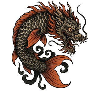 Puede incluir: Ilustración detallada de un híbrido dragón-pez. La criatura tiene una cabeza de dragón con cuerpo y cola de pez. Las escamas son de color gris oscuro, con aletas y cola naranjas. La cabeza del dragón está detallada con detalles en naranja y marrón.