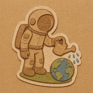 Astronauta con regadera regando la mini-tierra – Pegatina mágica de dibujos animados – Resistente a la intemperie – Regalo para amantes del espacio, el medio ambiente y el humor