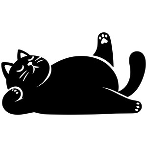Op de afbeelding: Een zwarte cartoonkat ligt op zijn rug met gesloten ogen en poten omhoog. De staart van de kat is gebogen en zijn voetafdrukken zijn zichtbaar. De kat is effen zwart met witte accenten.