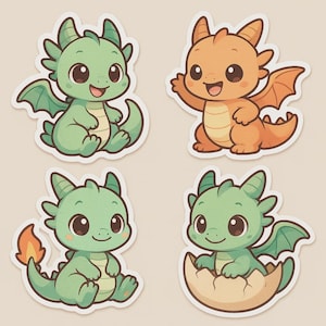 Zestaw naklejek Kawaii Baby Dragon 4 sztuki, urocze naklejki fantasy na laptopa, samochód, kamper, prezent dla dzieci, fani smoków i pocisków
