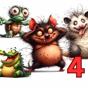 Könnte beinhalten: Eine skurrile Illustration mit vier Zeichentricktieren: einer Schildkröte, einem Krokodil, einem Wesen mit roten Ohren und einem Opossum. Die Zahl "4" befindet sich in der unteren rechten Ecke. Jede Figur hat übertriebene Merkmale und Ausdrücke.