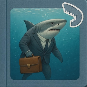 Autocollant de requin en costume avec une mallette. Autocollant de bande dessinée d'entreprise amusant pour l'humour au bureau, la voiture, l'ordinateur portable ou comme cadeau pour les collègues.