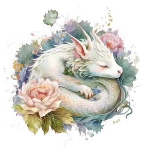 Adesivo Drago Fiore – Simpatico drago fantasy addormentato in stile acquerello come adesivo magico per gli amanti del kawaii e dei draghi