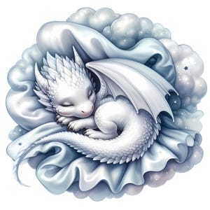 Peut inclure: Un bébé dragon blanc endormi aux yeux fermés, reposant sur une surface douce et blanche en forme de nuage. Le dragon a des écailles détaillées, des ailes et un petit nez rose. L'arrière-plan présente des nuages ​​duveteux et quelques petites étoiles.