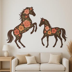 Flower Horses Wall Sticker Romantic horse motif with floral elements as a sticker for wall, camper van, laptop, gift for horses, nature fans