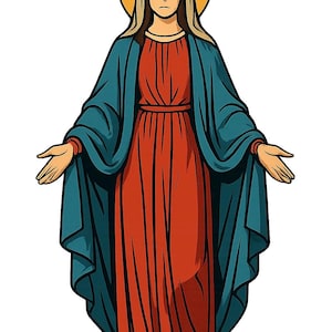 Puede incluir: Ilustración estilizada de una figura con vestido rojo y capa azul, con halo dorado. La figura tiene los brazos extendidos y una expresión serena. La obra es un diseño plano con contornos audaces.