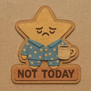 パジャマとコーヒーマグカップを着た星 - 「今日はダメ」と書いてある - かわいい漫画ステッカー - 耐候性 - 朝の不機嫌なユーモアファンへのギフト