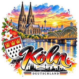 Puede incluir: Una colorida ilustración gráfica de la Catedral de Colonia y el puente Hohenzollern al atardecer. El diseño presenta el escudo de armas de la ciudad, flores rojas y blancas, y el texto Köln y DEUTSCHLAND en un estilo de acuarela negro, rojo y amarillo.