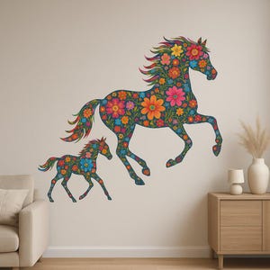 Flower Horses Wall Sticker Romantic horse motif with floral elements as a sticker for wall, camper van, laptop, gift for horses, nature fans