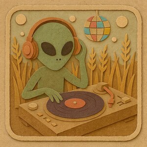 コーンフィールドディスコでレコードプレーヤーを持つエイリアンDJ - 面白い漫画ステッカー - 耐候性 - SF、パーティー、ユーモアファンへのギフト