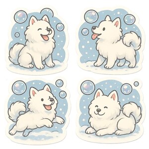 Set di adesivi con adesivo Samoiedo con bolle di sapone nella neve, simpatico adesivo invernale a fumetti per laptop, auto o regalo per gli amanti dei cani