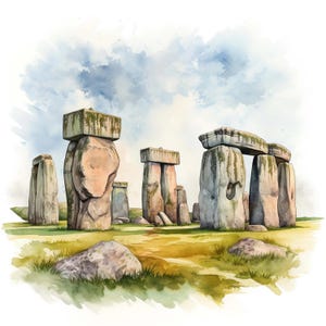 Peut inclure: Illustration à l'aquarelle de Stonehenge, représentant de grandes structures en pierre patinée sous un ciel nuageux. L'œuvre représente le monument antique avec un premier plan herbeux et un style artistique doux.