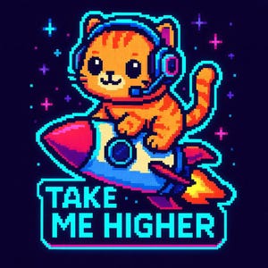 Gato en un cohete con la frase "Llévame más alto". Divertida pegatina de dibujos animados, resistente a la intemperie, regalo para amantes de los gatos, el espacio y el humor.