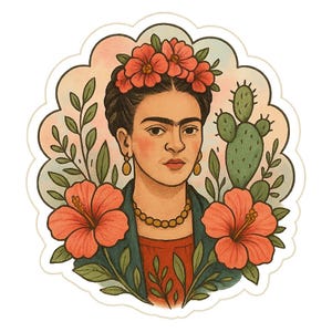 Adesivi floreali di Frida Kahlo | Adesivo di arte botanica | Composizione floreale con ibisco e cactus | Idea regalo per artisti