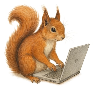 Könnte beinhalten: Detaillierte Illustration eines roten Eichhörnchens, das auf einem grauen Laptop sitzt und tippt. Das Eichhörnchen hat einen buschigen Schwanz und blickt auf den Laptop. Der Hintergrund ist weiß.