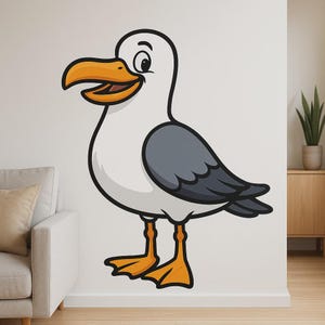 Sticker mural drôle de mouette de dessin animé - Oiseau ludique dans un style comique pour la décoration de salle de bain, de chambre d'enfant ou de camping-car fans côtiers amoureux des animaux