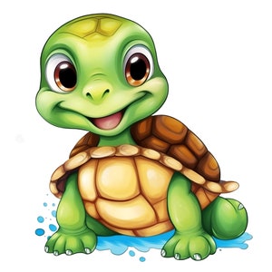 以下が含まれることがあります： 青い水の中に座って笑顔の緑色の亀の漫画のイラスト。亀は大きな茶色の目と幸せそうな表情をしています。