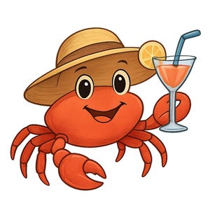 Può includere: Un granchio dei cartoni animati arancione, con un cappello di paglia e un cocktail. Il cocktail ha una fetta di limone e una cannuccia blu. Il granchio ha grandi occhi neri e un'espressione sorridente.