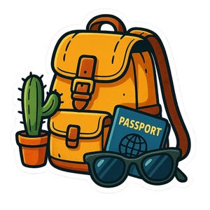 Zaino con passaporto, cactus e occhiali da sole – Adesivo divertente con cartoni animati – Resistente alle intemperie – Regalo per gli amanti dei viaggi e delle avventure all'aria aperta