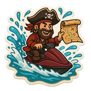 Pirat Sticker auf Jetski mit Schatzkarte Lustiger Comic Aufkleber für Meerfans Schatzsucher und Freibeuterinnen mit Stil