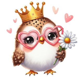 Bonita pegatina de pájaro con corona y gafas de corazón, dulce pegatina con motivo de animal.