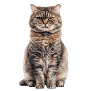 Könnte beinhalten: Ganzkörperaufnahme einer braunen Tabby-Katze mit gelben Augen. Die Katze hat ein flauschiges Fell mit dunkelbraunen Streifen und Zeichnungen. Sie sitzt aufrecht mit ihren Pfoten unter ihrem Körper, vor weißem Hintergrund.