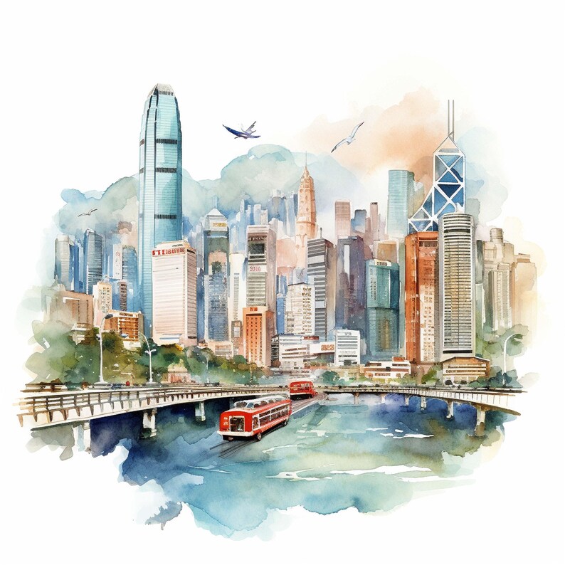 Car Sticker Hong Kong Watercolor Look Skyline Sticker City Motif Asia