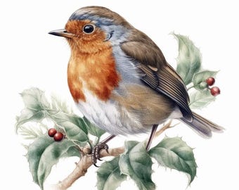 May include: A detailed illustration of a European robin perched on a holly branch. The bird has a vibrant orange breast, brown wings, and a blue-grey head. The holly features green leaves and red berries, set against a white background.