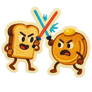 レーザーソードを装備したトーストがパンケーキと戦う - 面白い漫画ステッカー - 耐候性 - グルメ、オタク、ユーモアファンへのギフト