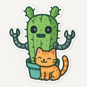 Adesivo Robot Cactus con Gatto - Adesivo Auto Fantasy - Resistente alle Intemperie, Pazzesco - Regalo per Appassionati di Fantascienza, Amanti dei Gatti, Nerd
