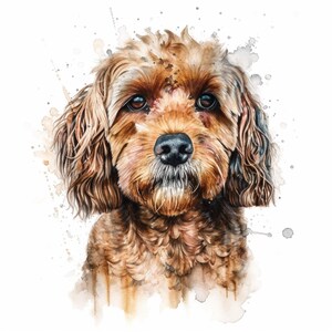 Peut inclure: Portrait à l'aquarelle d'un chien Cavapoo brun et beige, avec un nez noir et des yeux bruns expressifs. Le pelage du chien est rendu avec des coups de pinceau détaillés, et l'arrière-plan présente de subtiles éclaboussures d'aquarelle.