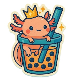 Ajolote con corona de purpurina en té de burbujas – Bonita pegatina de dibujos animados – Resistente a la intemperie – Regalo para amantes del té de burbujas, los animales y el humor