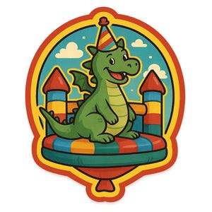 Pegatinas de dragón en un castillo inflable con gorro de fiesta, pegatinas de cómic para cumpleaños infantiles de fantasía, amigos y fanáticos de la diversión voladora.
