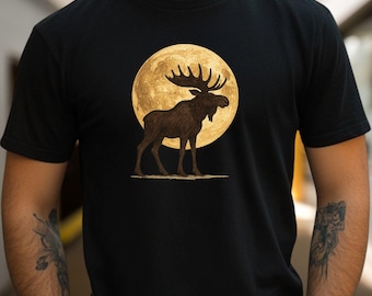 Elk and Moon Premium Men's T-Shirt, Cotton, High-Quality Printed Casual Shirt with Unique Design, Available in Many Sizes S to 5XL
