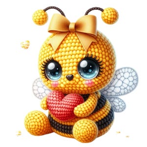 Może przedstawiać: Pluszowa pszczoła wykonana na szydełku z żółtym korpusem, czarnymi paskami i czerwonym sercem. Pszczoła ma duże niebieskie oczy, żółtą kokardę i małe skrzydła. Pluszak jest zaprojektowany w uroczym, kreskówkowym stylu.