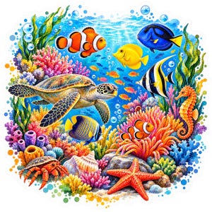 Può includere: Una vivace scena sottomarina con una tartaruga marina che nuota tra barriere coralline colorate, una stella marina, un paguro, un cavalluccio marino e vari pesci tropicali, il tutto circondato da numerose bolle d'acqua.