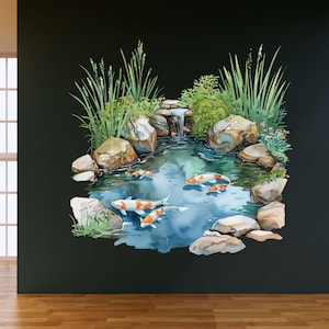 Könnte beinhalten: Aquarellmalerei einer Koi-Teich-Szene. Das Kunstwerk zeigt einen kleinen Wasserfall, Felsen und üppiges Grün. Mehrere orange und weiß gefärbte Koi-Fische schwimmen im blauen Wasser. Der Hintergrund ist dunkel und einfarbig.