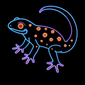 Peut inclure: Illustration de lézard de style néon sur fond noir. Le lézard est souligné en bleu avec des accents violets et des taches orange. La queue est recourbée vers le haut, et le lézard semble être en mouvement.