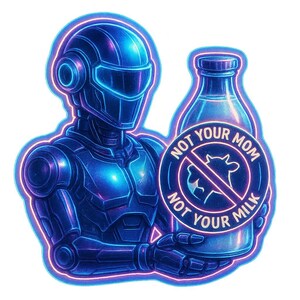 Not Your Mom, Not Your Milk“ – Milchflasche mit durchgestrichenem Zeichen – Vegan Cartoon-Sticker – wetterfest – Statement & Humor