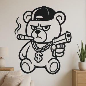 Sticker mural ours en peluche gangster – Dessin humoristique de style urbain pour chambre d'enfant, chambre d'adolescent ou décoration de mobil-home pour les fans de hip-hop et de bandes dessinées